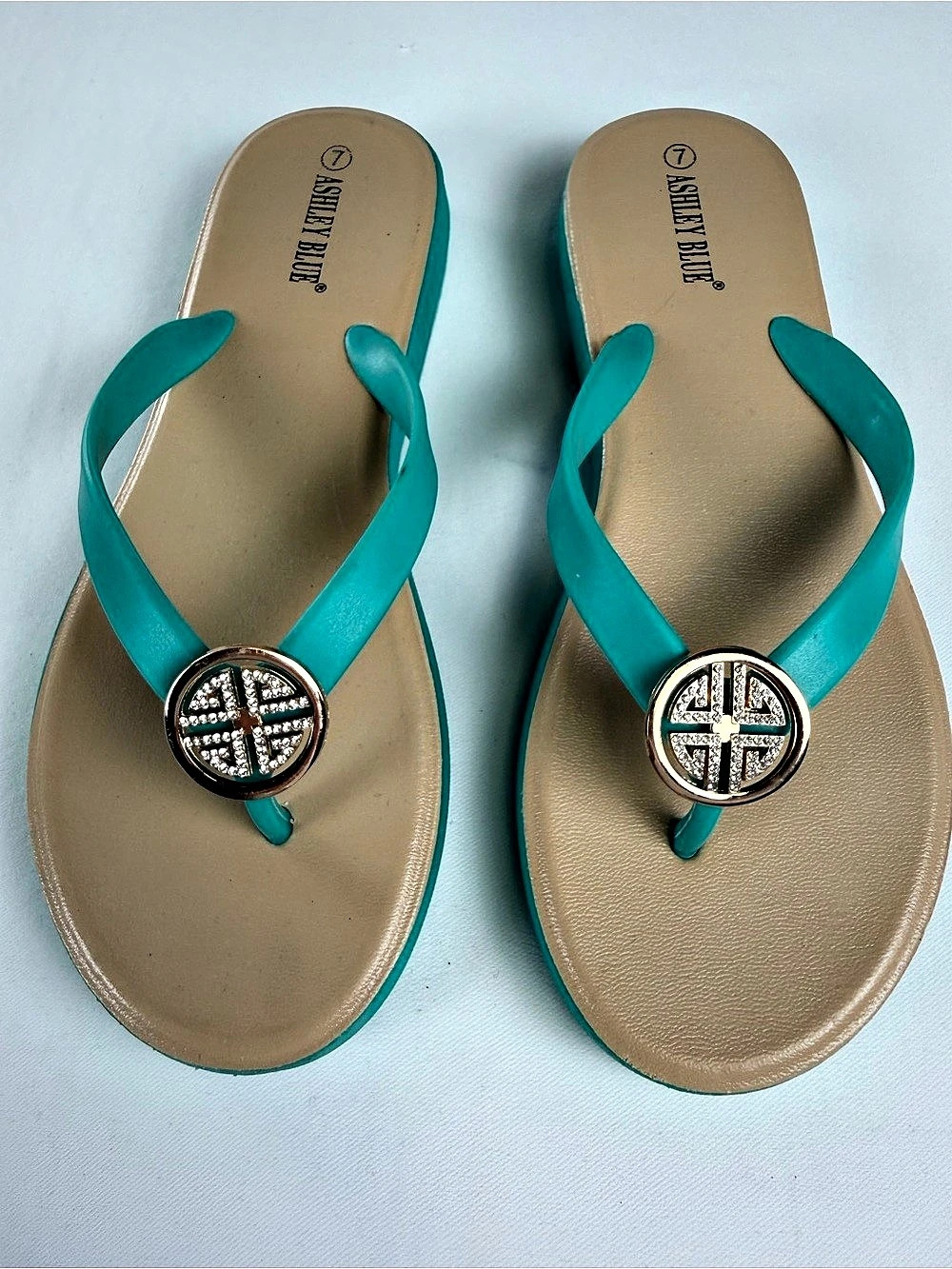 Stylish Ashley Blue Embellished Crystal Sandals Flip Flop Teal Blue US 7
